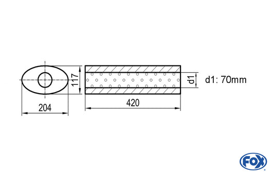 FOX Uni-Schalldämpfer oval ohne Stutzen - Abwicklung 525 204x117mm, d1Ø 70mm, Länge: 420mm