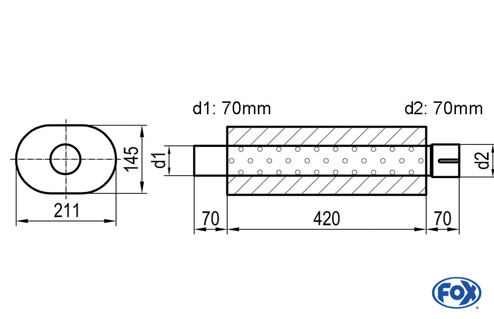 FOX Uni-Schalldämpfer oval mit Stutzen - Abwicklung 585 211x145mm, d1Ø 70mm  d2Ø 70,5mm, Länge: 420mm