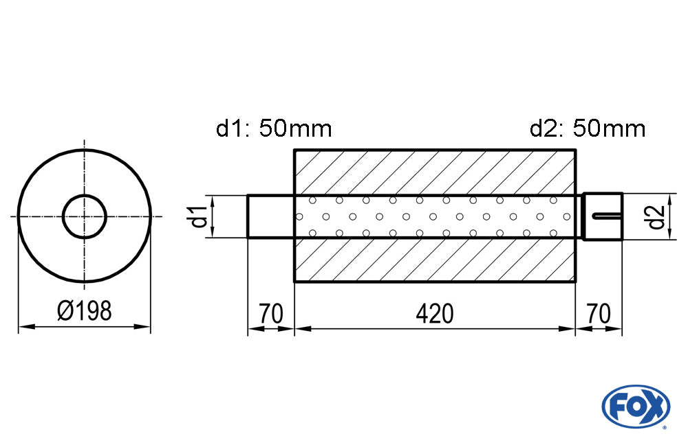 FOX Uni-Schalldämpfer rund mit Stutzen - Abwicklung 626 Ø 198mm, d1Ø 45mm  d2Ø 45,5mm, Länge: 420mm