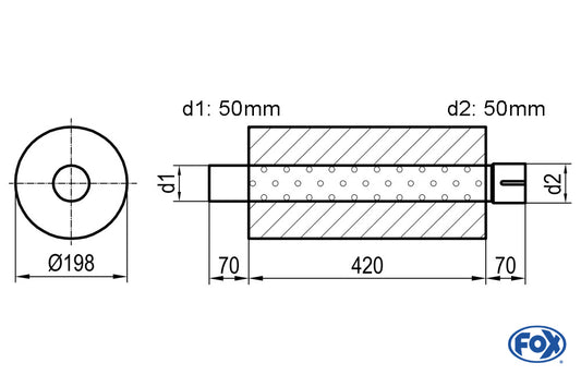 FOX Uni-Schalldämpfer rund mit Stutzen - Abwicklung 626 Ø 198mm, d1Ø 45mm  d2Ø 45,5mm, Länge: 420mm