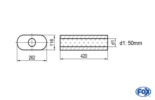 FOX Uni-Schalldämpfer oval ohne Stutzen - Abwicklung 650 262x116mm, d1Ø 50mm, Länge: 420mm