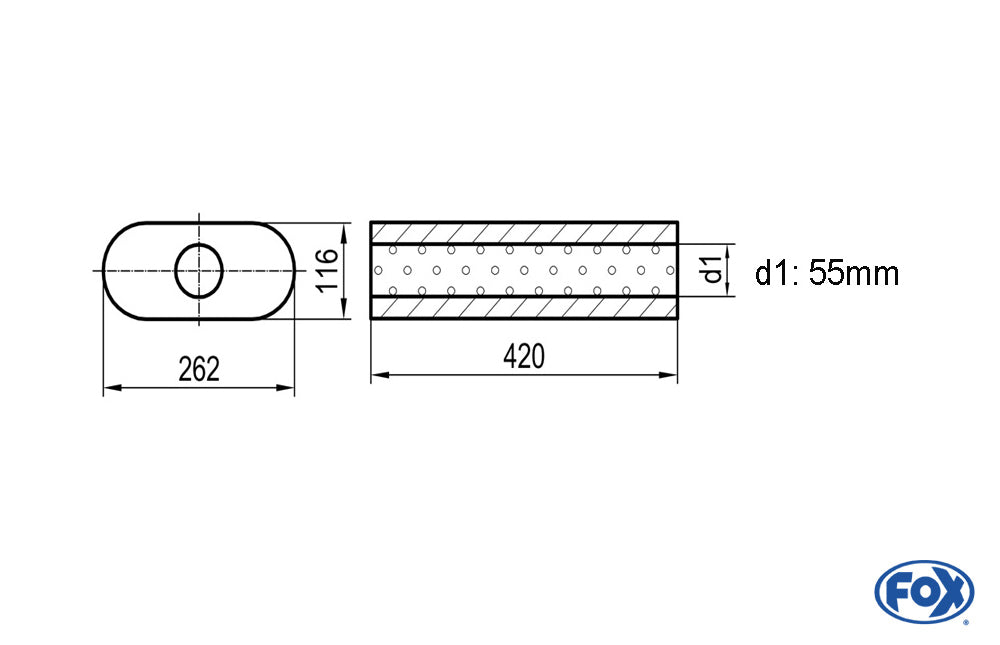 FOX Uni-Schalldämpfer oval ohne Stutzen - Abwicklung 650 262x116mm, d1Ø 55mm, Länge: 420mm