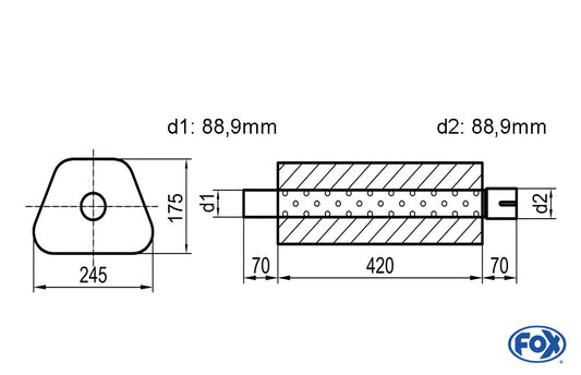 FOX Uni-Schalldämpfer Trapezoid mit Stutzen - Abwicklung 711 245x175mm, d1Ø 88,9mm außen - d2Ø 88,9mm innen - Länge: 420mm