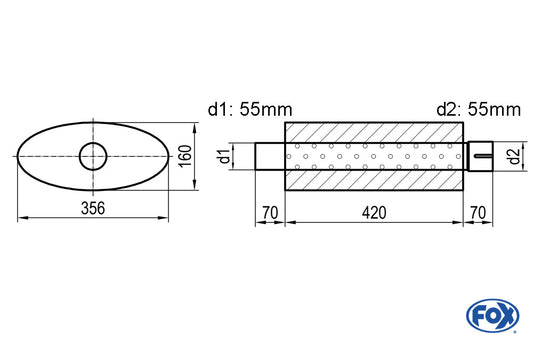 FOX Uni-Schalldämpfer oval mit Stutzen - Abwicklung 818 356x160mm, d1Ø 55mm  d2Ø 55,5mm, Länge: 420mm