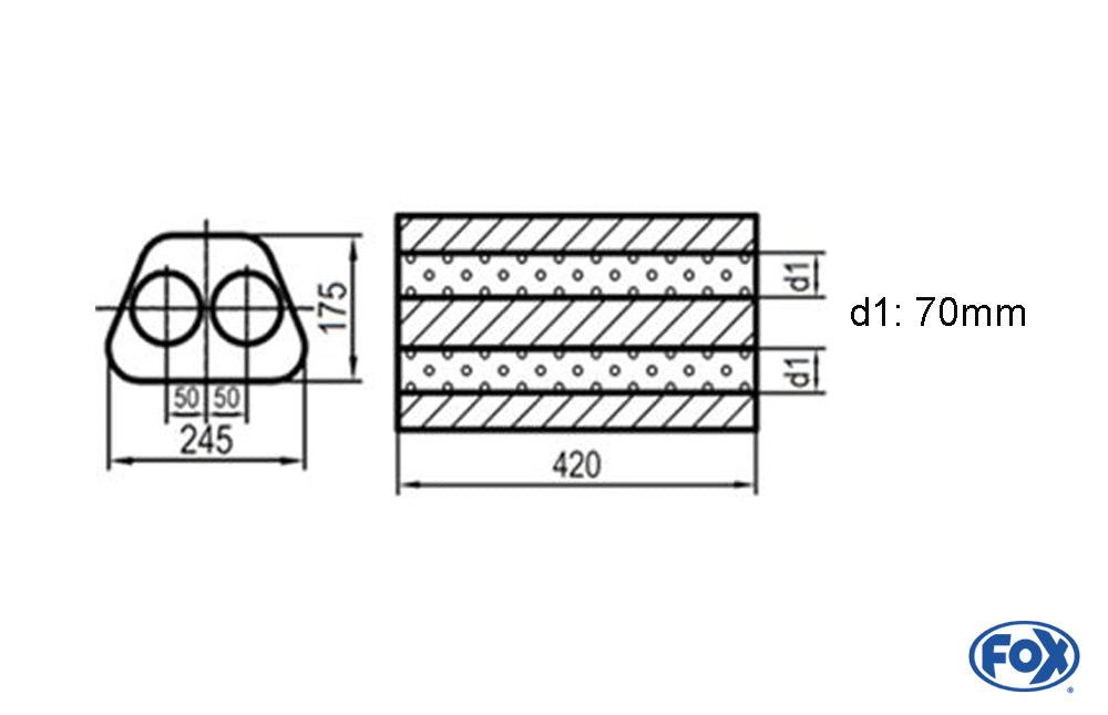 FOX Uni-Schalldämpfer Trapezoid zweiflutig - Abwicklung 711 245x175mm, d1Ø 70mm  außen -, Länge: 420mm