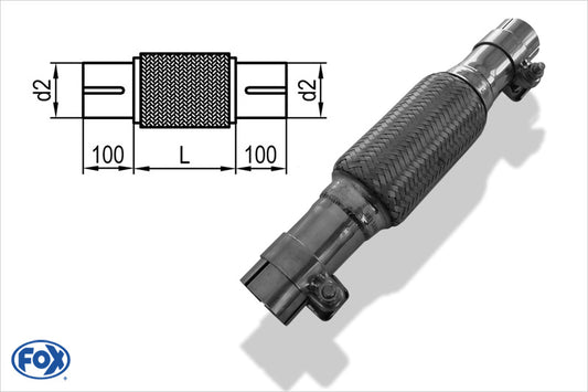FOX Flexibles Rohr Interlock - Ø54mm  - Länge: 100mm + Stutzen Innenleben besteht aus Edelstahlwellrohr - Außenhülle ist Edelstahlgeflecht -  Mit Edelstahl-Schlussstutzen zum Schrauben mit Schelle - d2 (innen): variabel (muss separat angegeben werden!)