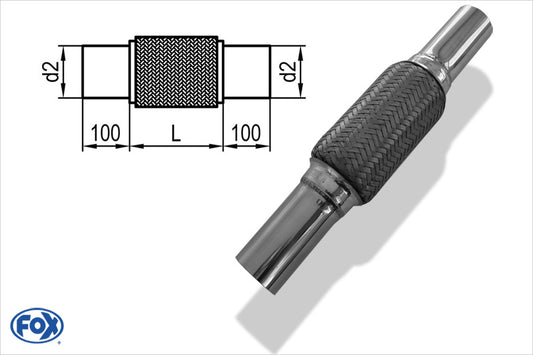 FOX Flexibles Rohr Interlock - Ø63mm  - Länge: 100mm + Stutzen Innenleben besteht aus Edelstahlwellrohr - Außenhülle ist Edelstahlgeflecht -  Mit Edelstahl-Schlussrohren zum Anschweißen - d2 (innen): variabel (muss separat angegeben werden!)