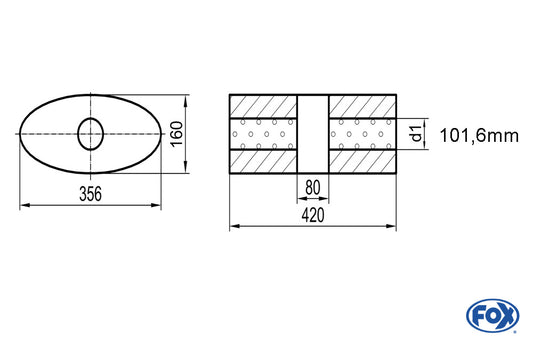 FOX Uni-Schalldämpfer oval ohne Stutzen mit Kammer - Abw. 818 356x160mm, d1Ø 101,6mm, Länge: 420mm