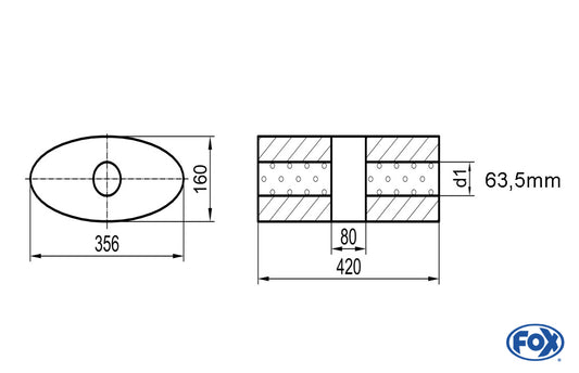 FOX Uni-Schalldämpfer oval ohne Stutzen mit Kammer - Abw. 818 356x160mm, d1Ø 63,5mm, Länge: 420mm