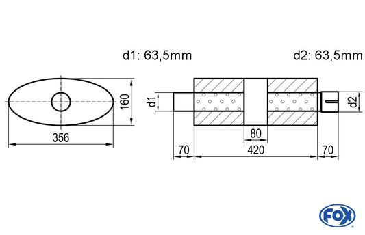 FOX Uni-Schalldämpfer oval mit Kammer + Stutzen - Abw. 818 356x160mm, d1Ø 63,5mm (außen), d2Ø 63,5mm (innen), Länge: 420mm