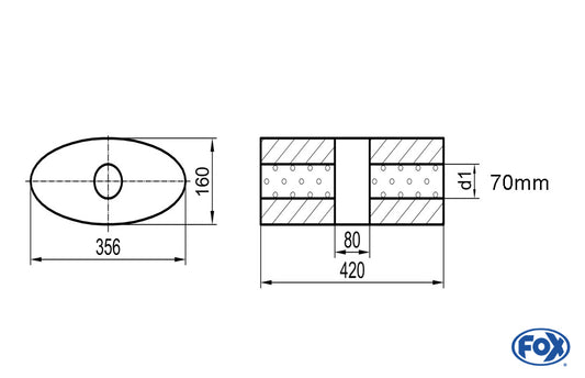 FOX Uni-Schalldämpfer oval ohne Stutzen mit Kammer - Abw. 818 356x160mm, d1Ø 70mm, Länge: 420mm