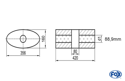 FOX Uni-Schalldämpfer oval ohne Stutzen mit Kammer - Abw. 818 356x160mm, d1Ø 88,9mm, Länge: 420mm