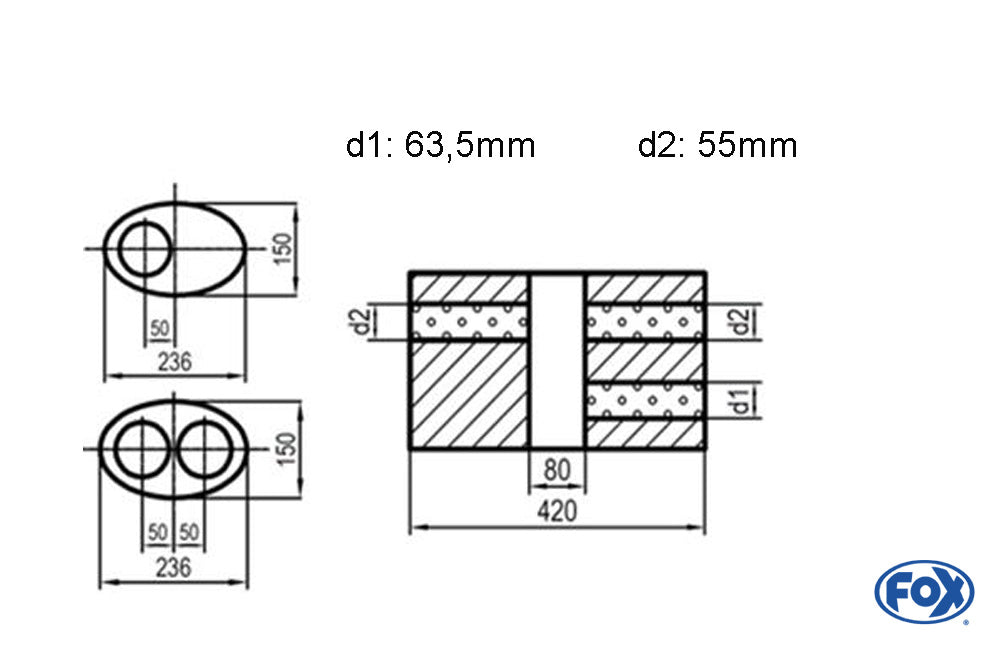 FOX Uni-Schalldämpfer oval zweiflutig mit Kammer -Abwicklung 618 236x150mm, d1Ø 63,5mm  d2Ø 55mm, Länge: 420mm - Variante 1