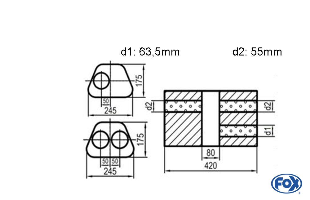 FOX Uni-Schalldämpfer Trapezoid zweiflutig mit Kammer - Abw. 711 245x175mm, d1Ø 63,5mm  d2Ø 55mm, Länge: 420mm - Variante 1