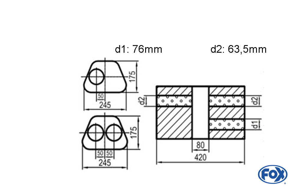 FOX Uni-Schalldämpfer Trapezoid zweiflutig mit Kammer - Abw. 711 245x175mm, d1Ø 76mm  d2Ø 63,5mm, Länge: 420mm - Variante 1