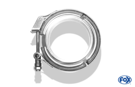 FOX V-Bandschelle Ø70mm - Set Dieses Set besteht aus:  2x CNC gedrehte Edelstahl V-Band Flansche (männlich & weiblich) mit Nut für 70mm Rohre  1x V-Band Schelle mit Schnellverschluss aus Edelstahl inkl. Spezialmutter