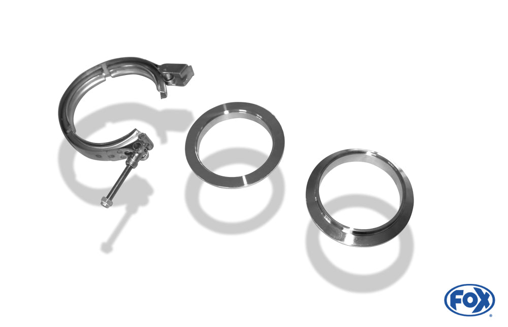 FOX V-Bandschelle Ø63,5mm - Set Dieses Set besteht aus:  2x CNC gedrehte Edelstahl V-Band Flansche (männlich & weiblich) mit Nut für 63,5mm Rohre  1x V-Band Schelle mit Schnellverschluss aus Edelstahl inkl. Spezialmutter